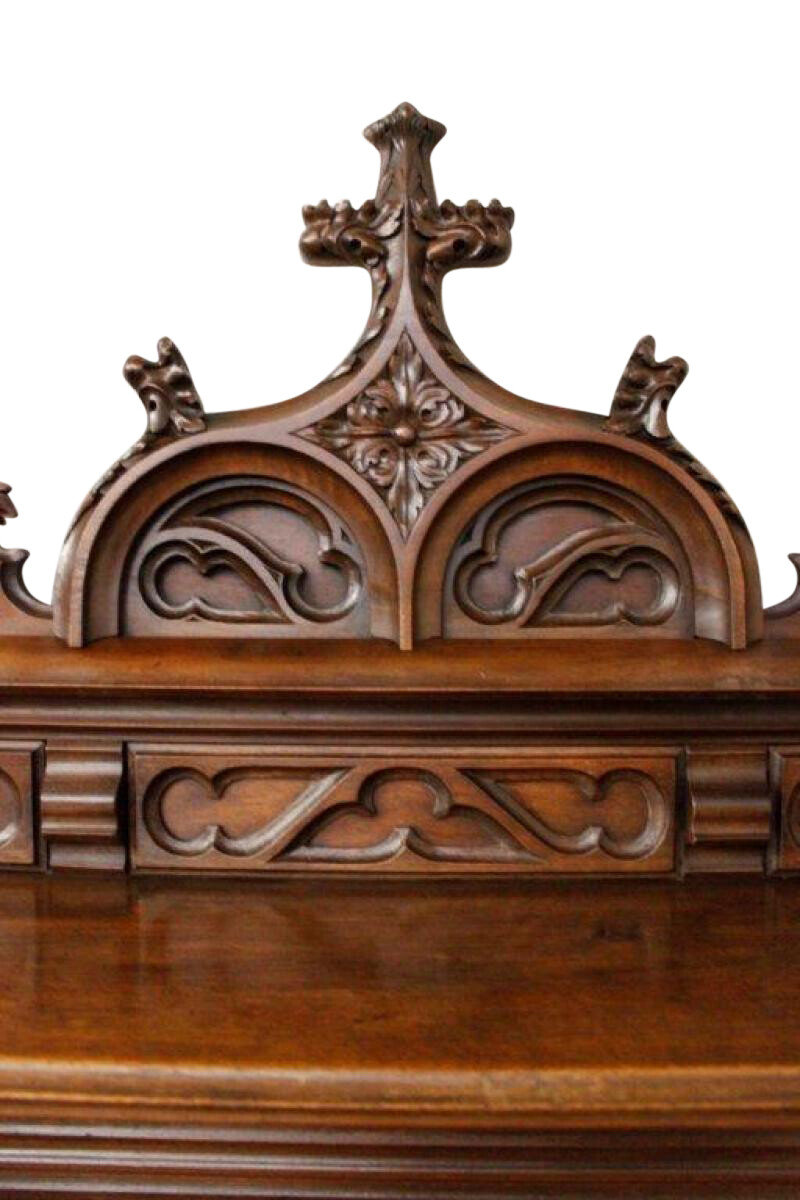 French Gothic Walnut Server includes High Crown & Marble Top, Turn of Century