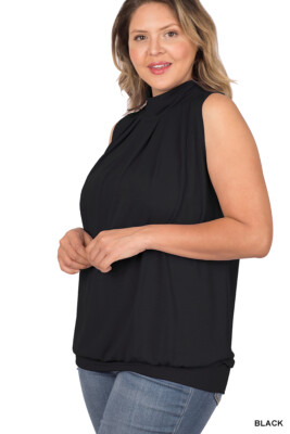 1X 2X 3X Plus Women High Neck Pleated Sleeveless Top Loose Fit Elastic Waist