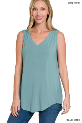 Luxe Rayon V-Neck Sleeveless Rayon Top Hi-Low Dolphin Hem Long Tank Tunic