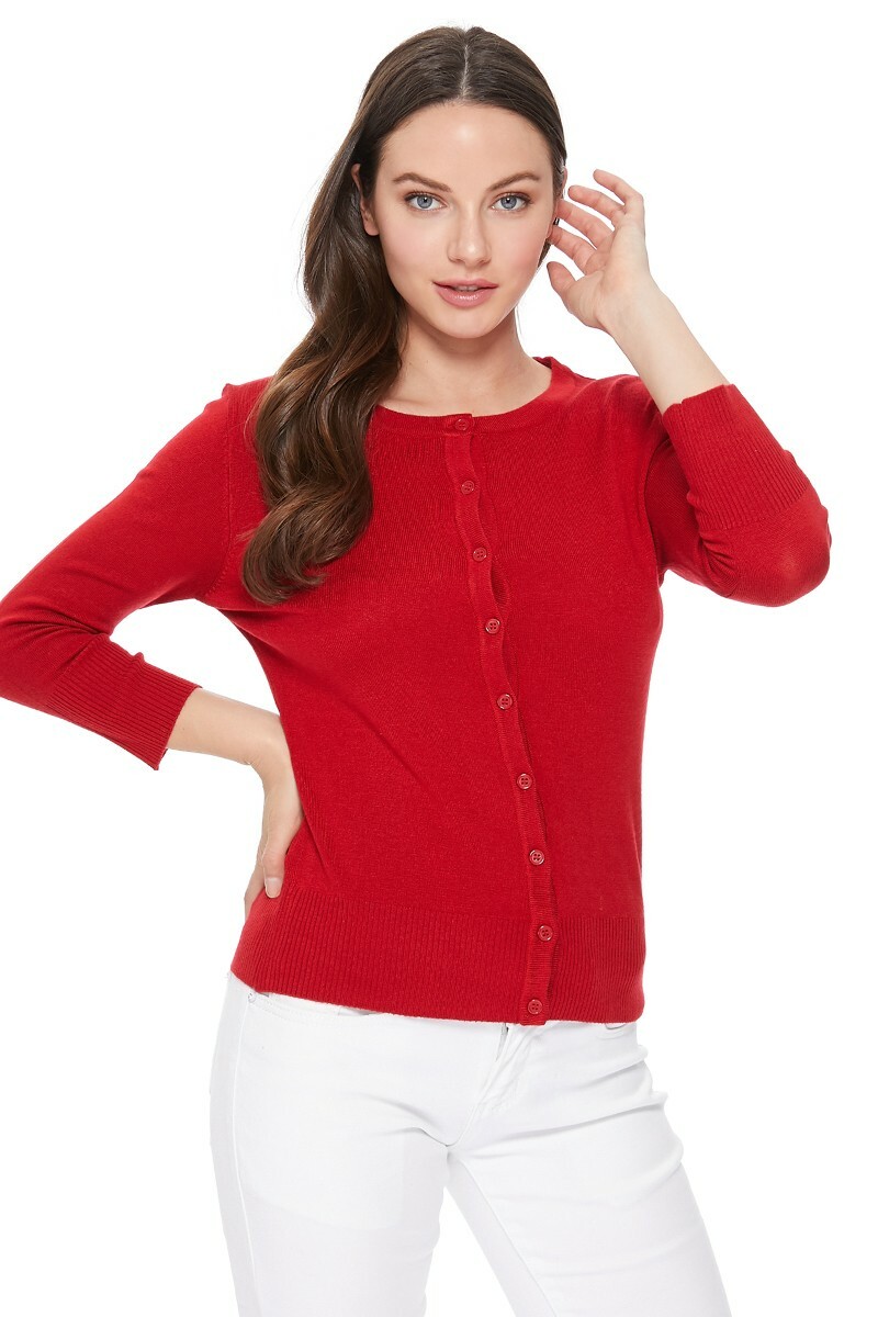YEMAK Women's 3/4 Sleeve Crewneck Button-Down Cardigan