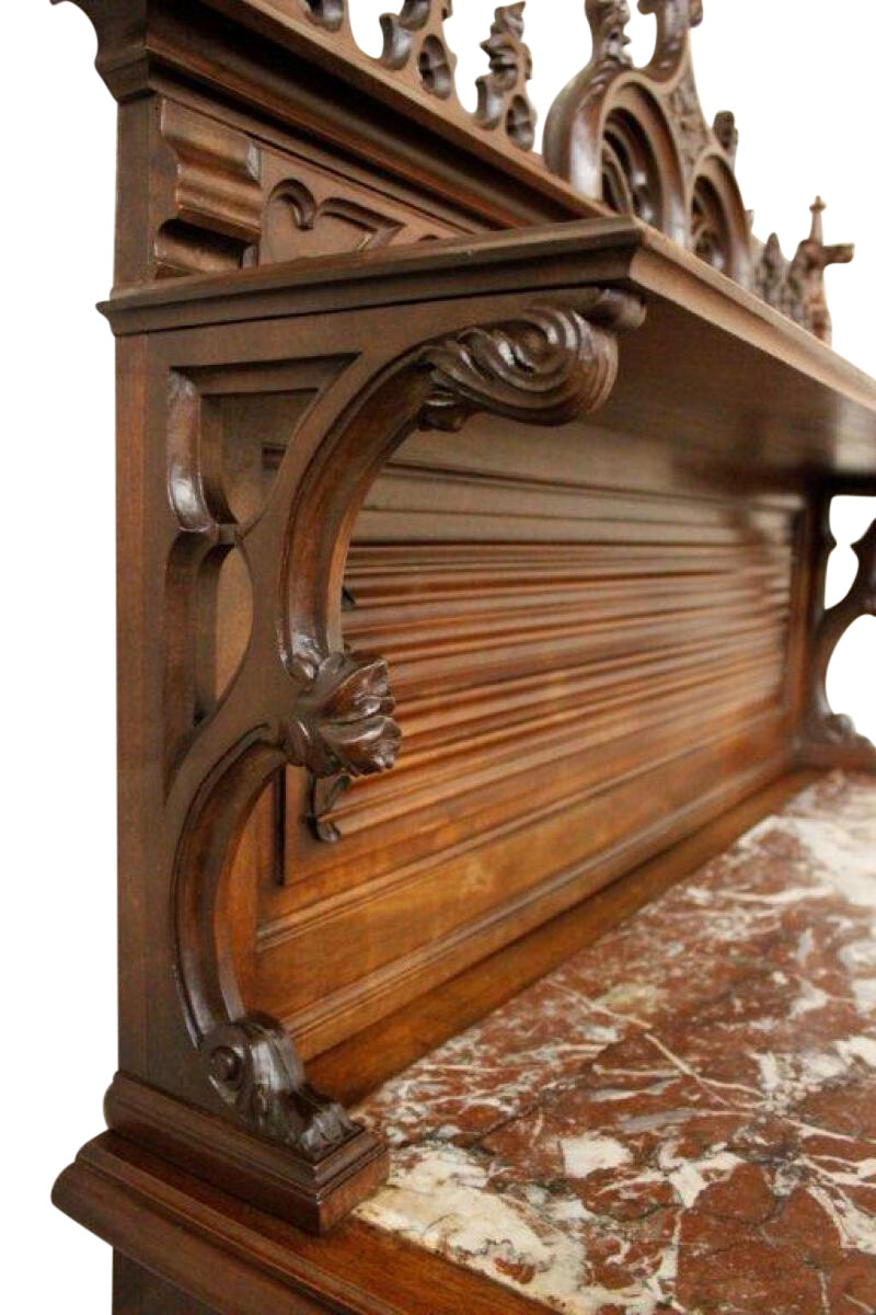 French Gothic Walnut Server includes High Crown & Marble Top, Turn of Century