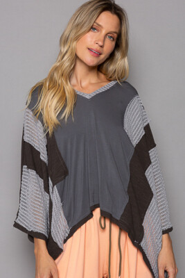 POL Clothing Oversized V-Neck Crochet Detail  Jersey Knit Top 