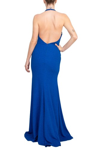 Pre-owned Jovani Plunging Halter Bodycon Metallic Crepe Prom Gown In Royal