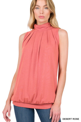 Scrunched Mock Turtle High Neck Pleated Top Sleeveless Waistband Shirt Blouse