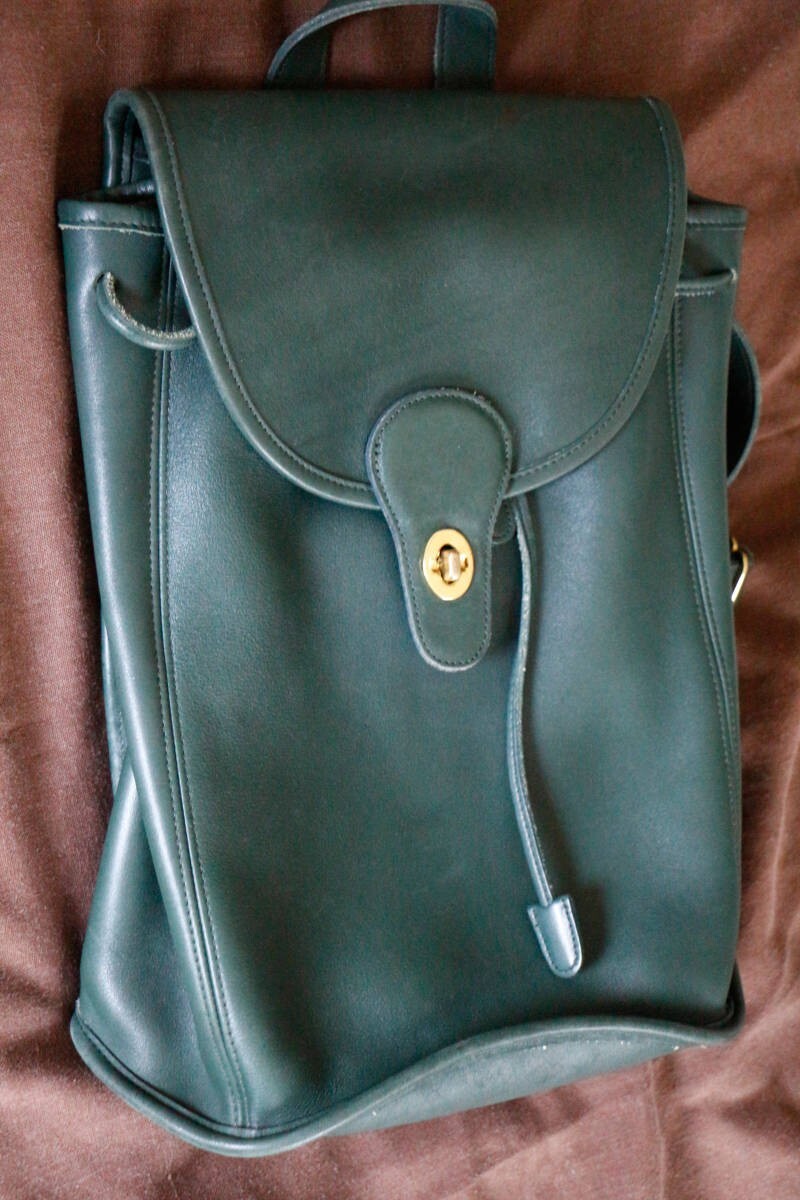 バッグ Vintage Coach Turnrock Blue Daypack Coach Vintage Green Leather Rucksack Turn Lock Drawstring