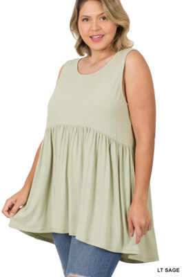 1X 2X 3X Women's Sleeveless Empire Waist Shirring Baby Doll Tank Top Rayon Tunic