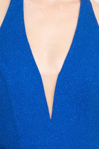 Pre-owned Jovani Plunging Halter Bodycon Metallic Crepe Prom Gown In Royal