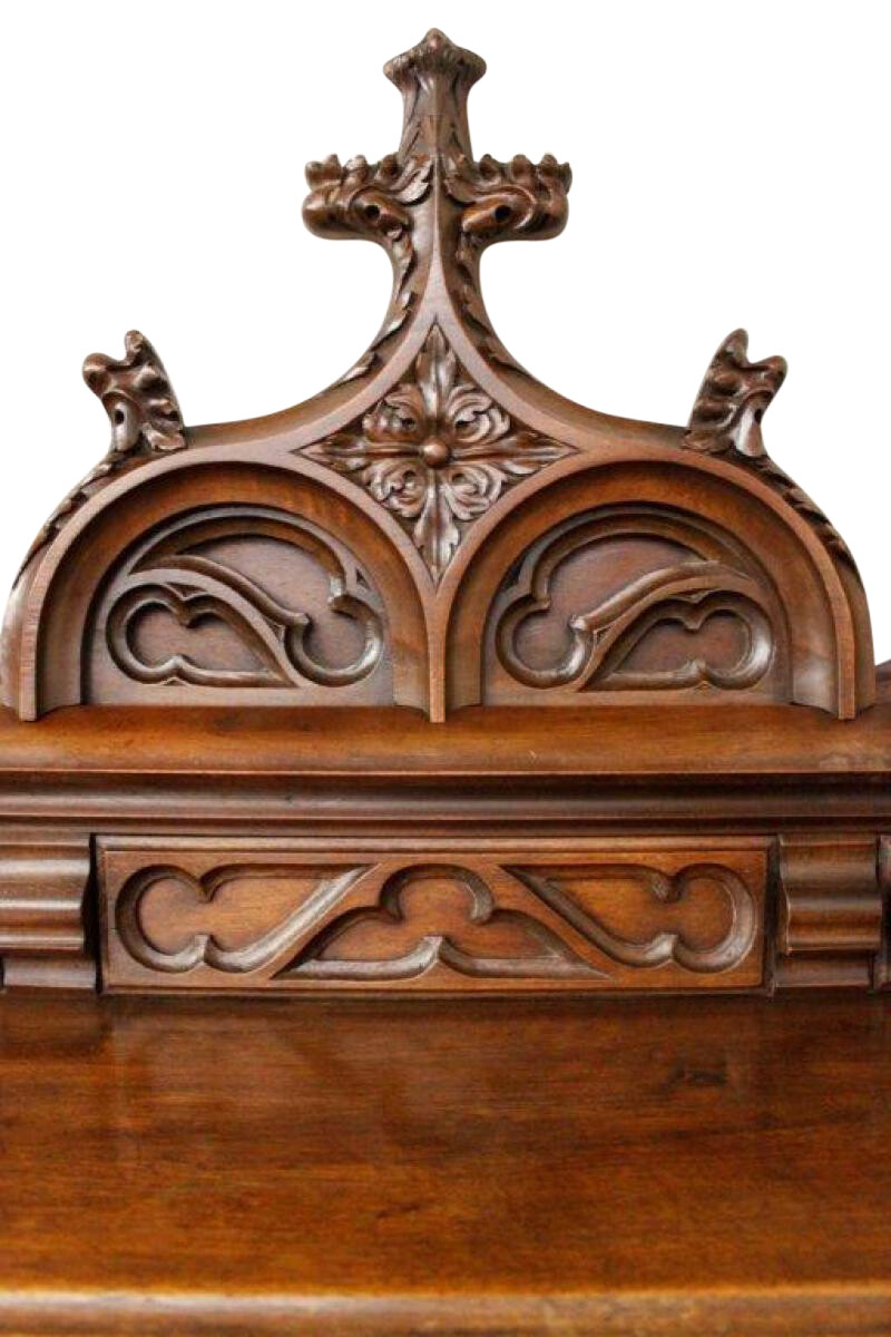 French Gothic Walnut Server includes High Crown & Marble Top, Turn of Century