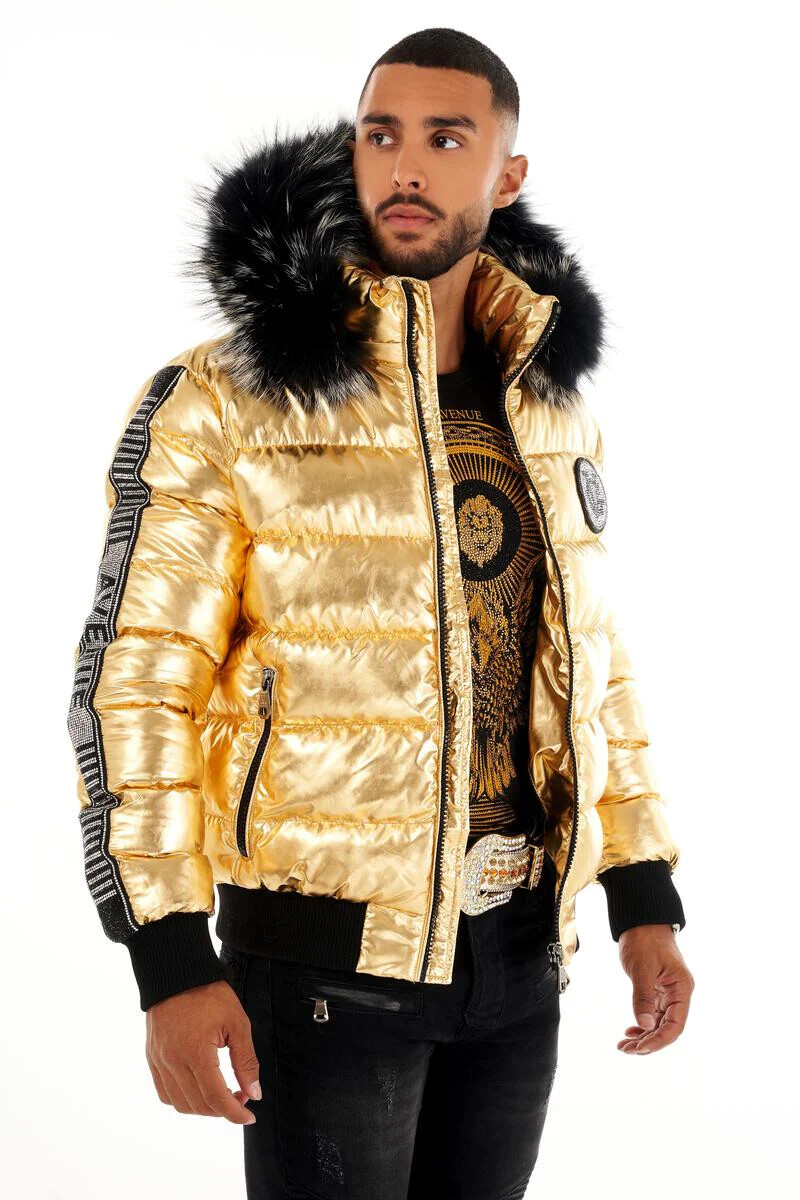 Pre-owned George Avenue  V Paris Puffer Jacket Gold Rhinestone High Fur On Hood Coat