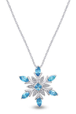 Snowflake Pendant 18'' Necklace Sterling Silver Blue & White Simulated Diamond