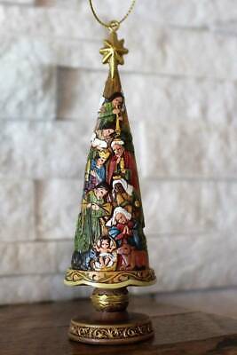 Nativity Christmas Tree Ornament Carved Wood Look Stacked Figures 5 inch