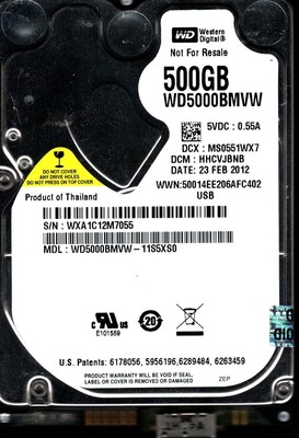 WD5000BMVW-11S5XS0 S/N:WXA1 DCM:HHCVJBNB WESTERN DIGITAL 500GB THAILAND FEB 2012