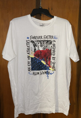 NWT PUMA Men's Forever Faster Front Logo Tiger T-Shirt. Sz Large & White