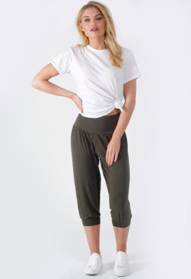 Womens Ladies Khaki Cropped Length Harem Trousers