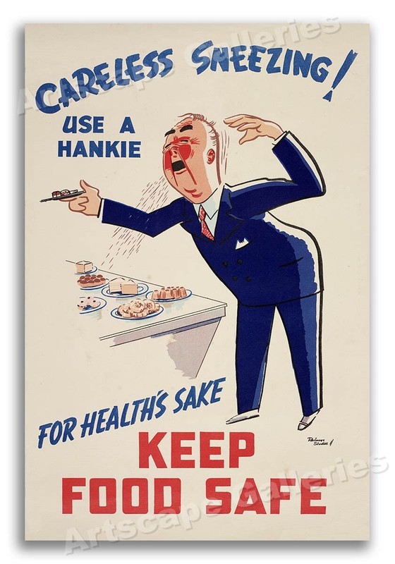 1940s Keep Food Safe Don't Sneeze! Vintage Health Poster - 20x30