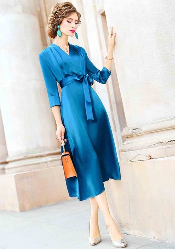 Pre-owned Handmade Custom Made To Order 3/4 Sleeve V-neck Satin Tie-waist Midi Dress Plus1x-10xl323 In Blue