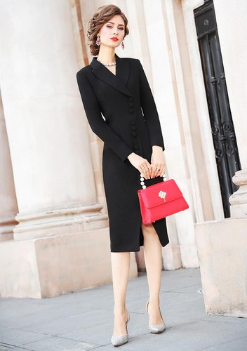 Pre-owned Handmade Custom Made To Order Lapel Work Office Formal Slim Sheath Dress Plus 1x-10x L272 In Black