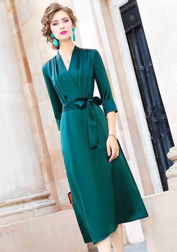 Pre-owned Handmade Custom Made To Order 3/4 Sleeve V-neck Satin Tie-waist Midi Dress Plus1x-10xl323 In Blue