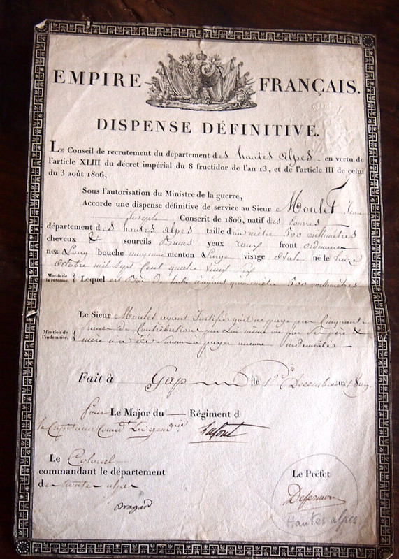 Gap 1809 Beau Document   Dispense DÃ©Finitive Pour Un Soldat De 1m50 !  Vignette