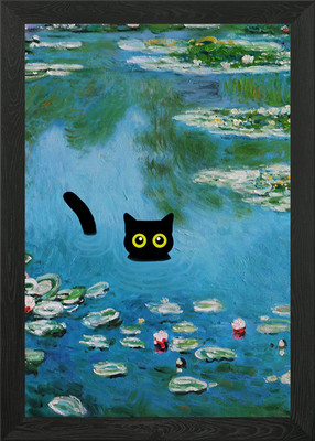 Black Cat Monet WaterLily Framed Wall Art Poster Canvas Print Picture