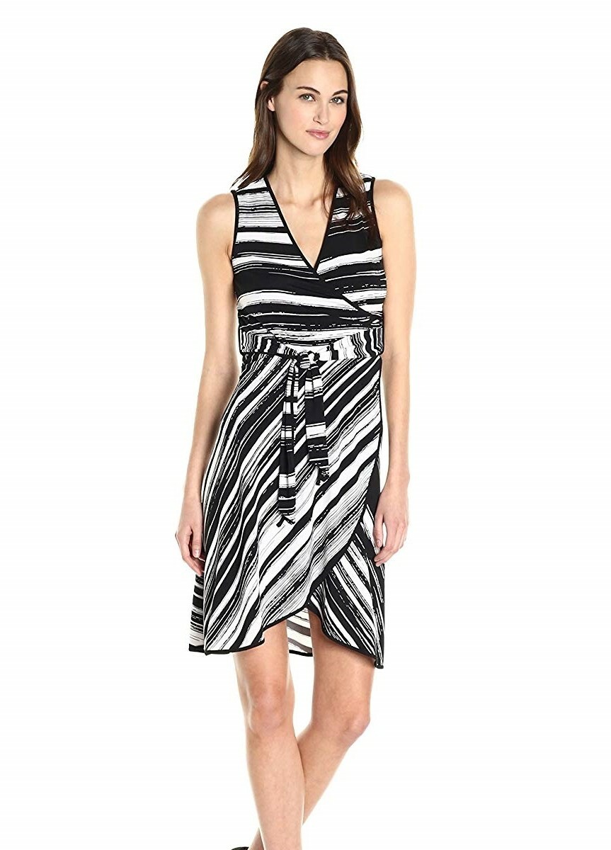 Calvin Klein Striped Jersey Wrap Fit & Flare Black/White Dress Size 14 150766