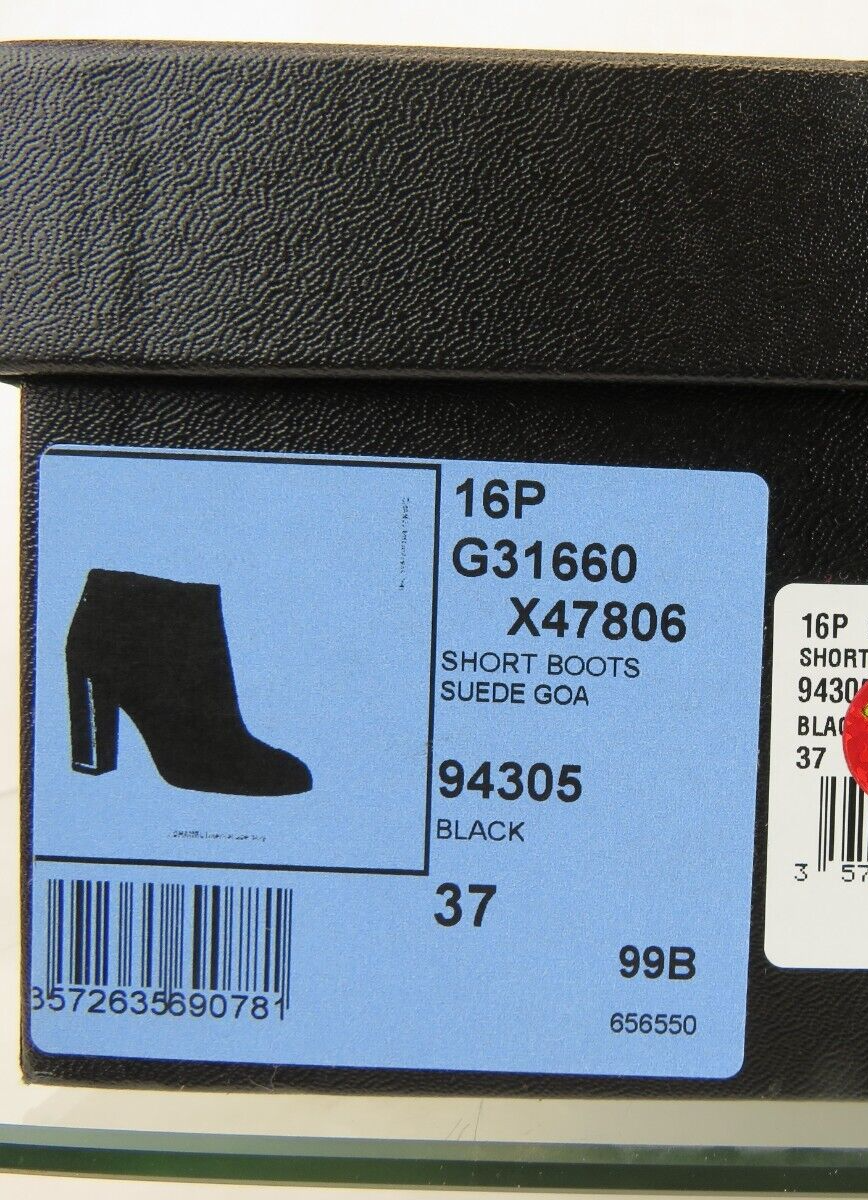 Pre-owned Chanel G31660 Black Suede Gold Logo Chelsea Heel Short Ankle Booties Pumps 37