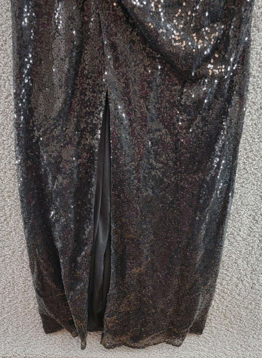 Aqua Sequined One Shoulder Evening Dress Women's 2 Black Round Neck Slit Zip - Picture 4 of 16