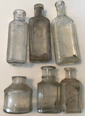 Lot of 6 Vintage Small Clear Embossed Bottles Hires Sloans Hand Med Hudnut