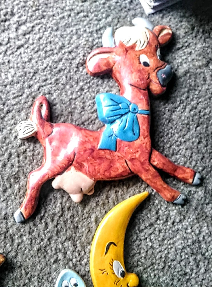 1950's Child's Nursery Rhyme Ceramic Wall Hanging  Cow Jumped Over the Moon