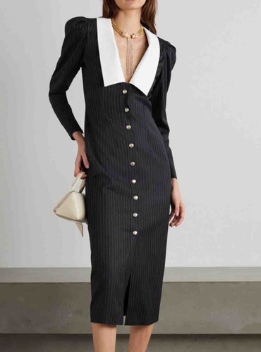 Pre-owned Handmade Custom Made To Order Long Sleeve Striped V-neck Pencil Dress Plus1x-10x L882 In Black