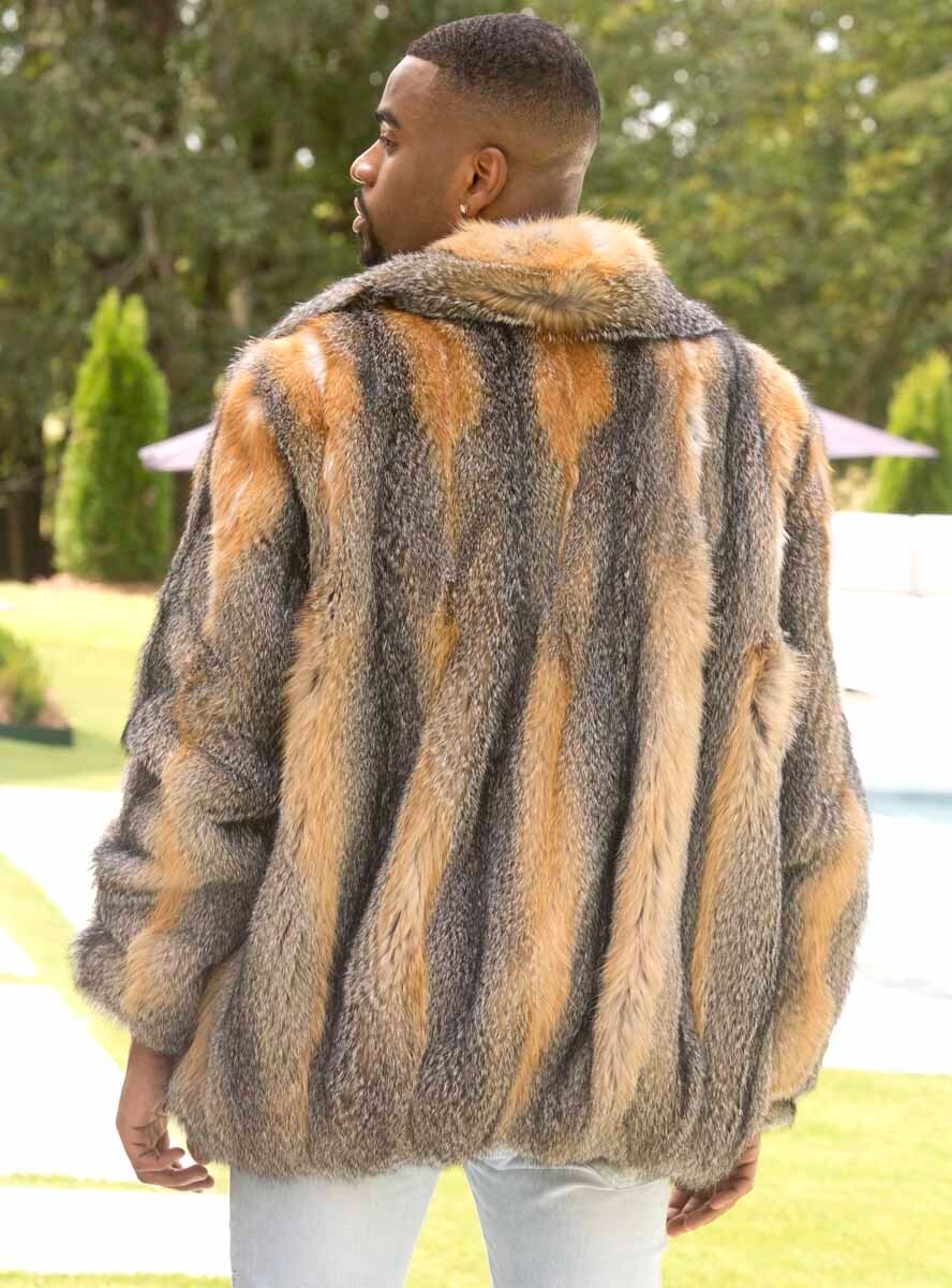 Pre-owned Handmade Men's Full Skin Red Grey Fox Fur Bomber Jacket With Optional Hood All Sizes In Red Gray