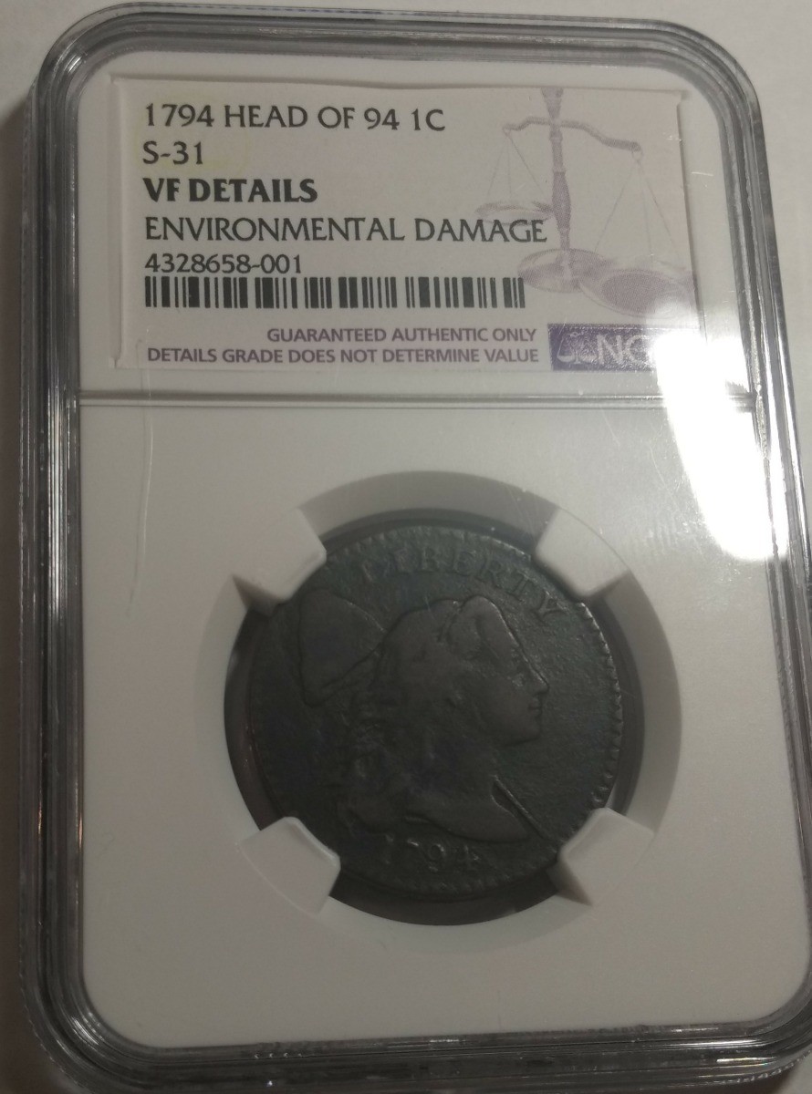1794 Flowing Hair large cent. S-31 Head of 94. NGC VF details, environmental.