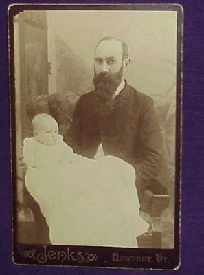 1890 antique Cabinet Card photo Bearded Father & baby ID'd Derby Center Vermont