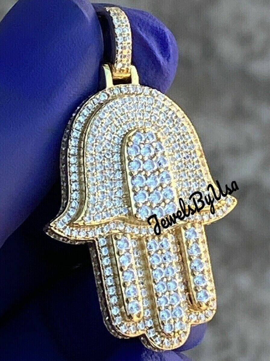 Pre-owned Nsg 3ct Men's D/vvs Moissanite 3d Hamsa Hand Charm Pendant Yellow Gold Plated Silver