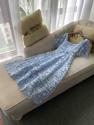 Pre-owned Handmade Custom Made To Order Women's Square Neck A-line Lace Party Dress Plus1x-10x L670 In Blue