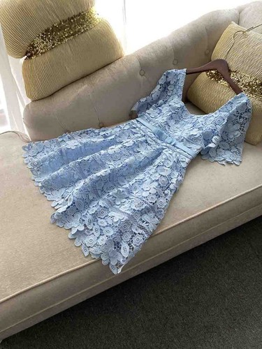 Pre-owned Handmade Custom Made To Order Women's Square Neck A-line Lace Party Dress Plus1x-10x L670 In Blue