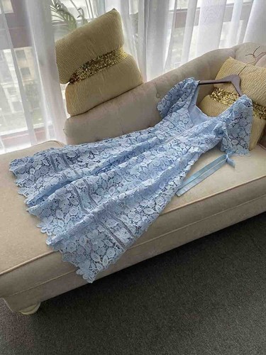 Pre-owned Handmade Custom Made To Order Women's Square Neck A-line Lace Party Dress Plus1x-10x L670 In Blue