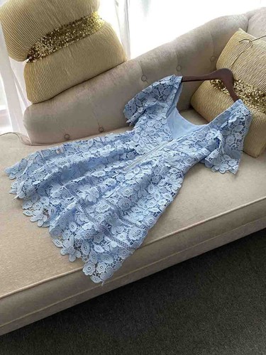 Pre-owned Handmade Custom Made To Order Women's Square Neck A-line Lace Party Dress Plus1x-10x L670 In Blue