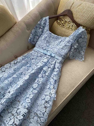 Pre-owned Handmade Custom Made To Order Women's Square Neck A-line Lace Party Dress Plus1x-10x L670 In Blue