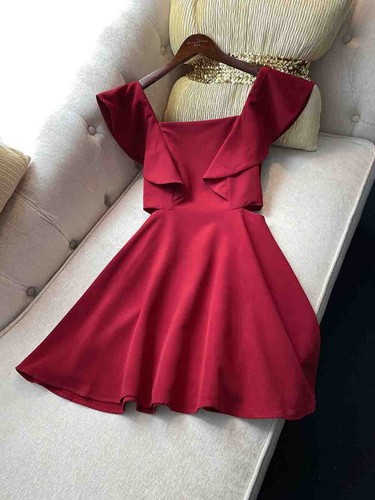 Pre-owned Handmade Custom Made To Order Square Neck Ruffle A-line Mini Cut Out Dress Plus1x-10xl714 In Red