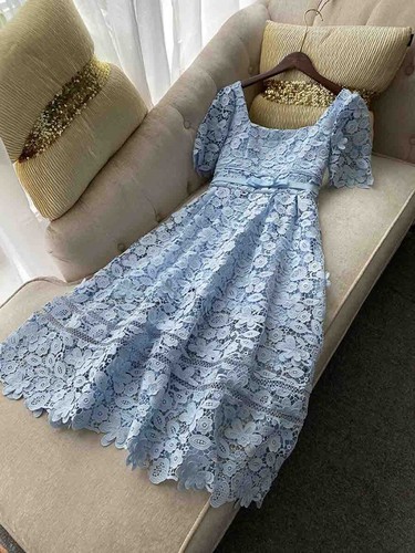 Pre-owned Handmade Custom Made To Order Women's Square Neck A-line Lace Party Dress Plus1x-10x L670 In Blue