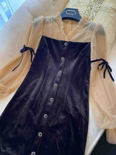 Pre-owned Handmade Custom Made To Order Long Sleeve V-neck Velvet Mini Pencil Dress Plus1x-10x L700 In Black