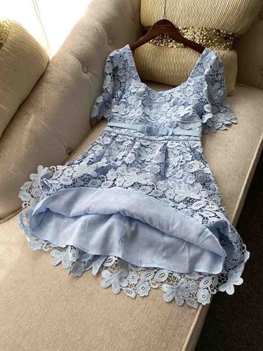 Pre-owned Handmade Custom Made To Order Women's Square Neck A-line Lace Party Dress Plus1x-10x L670 In Blue