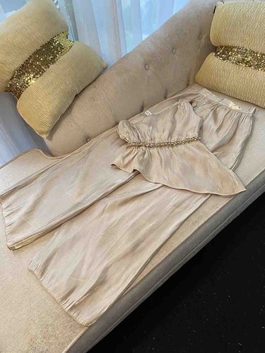 Pre-owned Handmade Custom Made To Order One Shoulder Asymmetric Top/wide-leg Suit Plus 1x-10x L778 In Beige