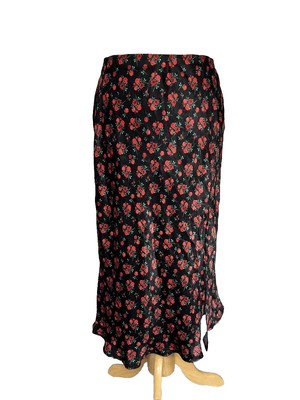 Francesca s Blue Rain Size Medium Black MIDI Skirt Rose Floral Print Satin