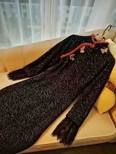Pre-owned Handmade Custom Made To Order Sequin Fur Trim Slim Cheongsam Party Dress Plus 1x-10x L730 In Black