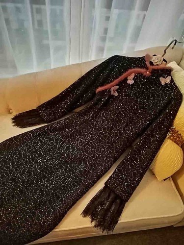 Pre-owned Handmade Custom Made To Order Sequin Fur Trim Slim Cheongsam Party Dress Plus 1x-10x L730 In Black