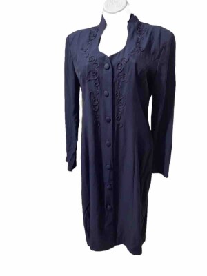 NWT VTG  BREAKIN LOOSE Rayon dress, embroidery, long sleeves, Navy, Size13/14#1