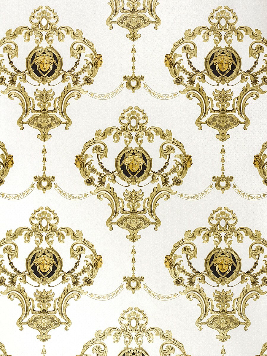 Tapete Satin Barock Medusa Ornament Glanz weiß gold 6553-63 (3,56€/1qm)