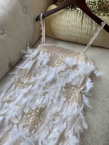 Pre-owned Handmade Custom Made To Order Beaded Feather Sequin Trim Mini Party Dress Plus1x-10x L728 In White